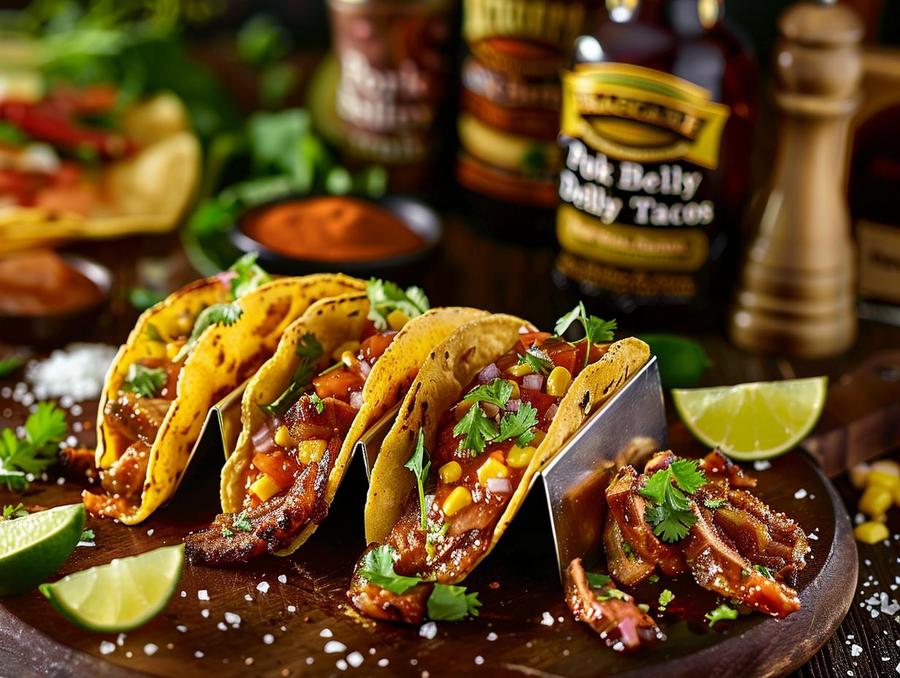 "Delicious pork belly tacos recipe with Al Pastor seasoning and toppings."