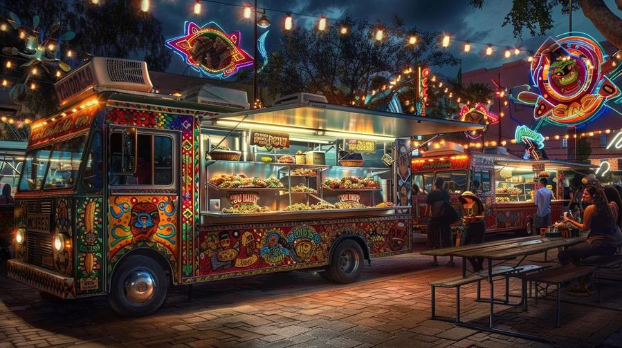 "Colorful Mexican food truck serving authentic dishes on a bustling street."