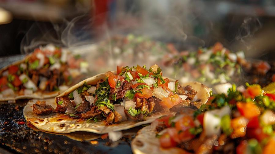 Alt text: Colorful street food cart promoting Tacos El Paisa's authentic Mexican cuisine.