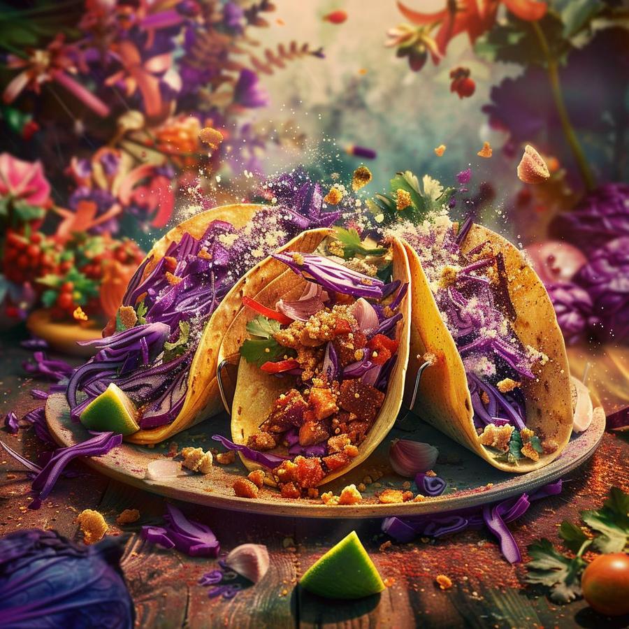 Alt text: A colorful plate of unique trippy tacos, bursting with vibrant flavors.